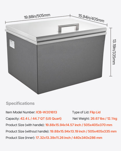 Drop in Ice Chest, 20"L x 16"W x 13"H Stainless Steel Drop in Cooler, 44.7 Quart Commercial Ice Bin with Flip Lid for Outdoor Kitchen Patio Bar, Drain-pipe Set Included, for Cold Wine Beer