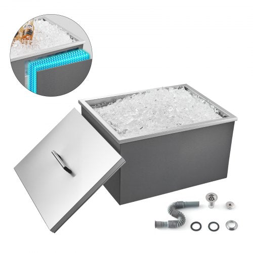 Drop in Ice Chest, 22"L x 17"W x 12"H Stainless Steel Drop in Cooler, 45.3 Quart Commercial Ice Bin with Pot Lid for Outdoor Kitchen Patio Bar, Drain-pipe Set Included, for Cold Wine Beer