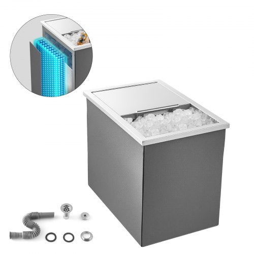 Drop in Ice Chest, 18"L x 12"W x 15"H Stainless Steel Drop in Cooler, 28.6 Quart Commercial Ice Bin with Sliding Lid for Outdoor Kitchen Patio Bar, Drain-pipe Set Included, for Cold Wine Beer