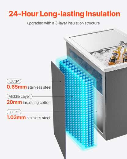 Drop in Ice Chest, 18"L x 12"W x 15"H Stainless Steel Drop in Cooler, 28.6 Quart Commercial Ice Bin with Sliding Lid for Outdoor Kitchen Patio Bar, Drain-pipe Set Included, for Cold Wine Beer