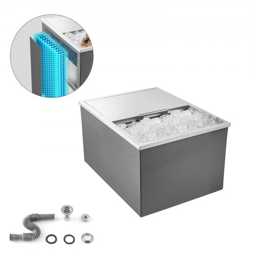 Drop in Ice Chest, 24"L x 18"W x 13"H Stainless Steel Drop in Cooler, 57.8 Quart Commercial Ice Bin with Sliding Lid for Outdoor Kitchen Patio Bar, Drain-pipe Set Included, for Cold Wine Beer