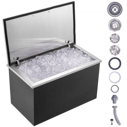 Drop in Ice Chest, 24"L x 20"W x 15"H Stainless Steel Ice Cooler, Commercial Ice Bin with Hinged Cover, 40 qt Outdoor Kitchen Ice Bar, Drain-pipe and Drain Plug Included, for Cold Wine Beer