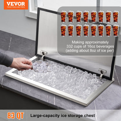 Drop in Ice Chest, 24"L x 20"W x 15"H Stainless Steel Ice Cooler, Commercial Ice Bin with Hinged Cover, 40 qt Outdoor Kitchen Ice Bar, Drain-pipe and Drain Plug Included, for Cold Wine Beer