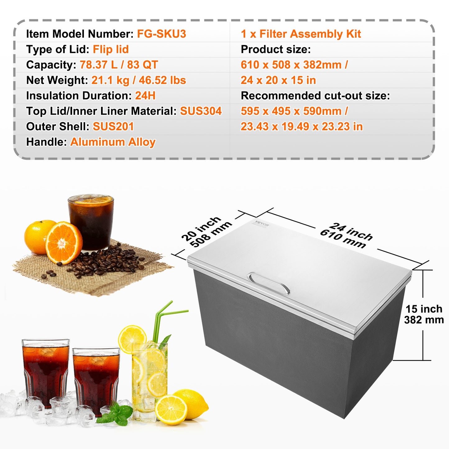 Drop in Ice Chest, 24"L x 20"W x 15"H Stainless Steel Ice Cooler, Commercial Ice Bin with Hinged Cover, 40 qt Outdoor Kitchen Ice Bar, Drain-pipe and Drain Plug Included, for Cold Wine Beer