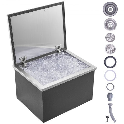 Drop in Ice Chest, 20"L x 16"W x 13"H Stainless Steel Ice Cooler, Commercial Ice Bin with Hinged Cover, 40 qt Outdoor Kitchen Ice Bar, Drain-pipe and Drain Plug Included, for Cold Wine Beer