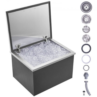 Drop in Ice Chest, 20"L x 16"W x 13"H Stainless Steel Ice Cooler, Commercial Ice Bin with Hinged Cover, 40 qt Outdoor Kitchen Ice Bar, Drain-pipe and Drain Plug Included, for Cold Wine Beer
