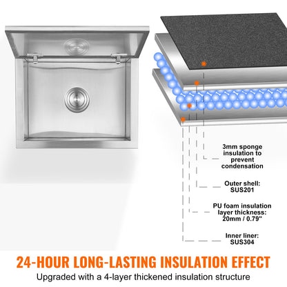 20"x16"x13" Drop in Ice Chest Ice Cooler Ice Bin Rostfritt stål med lock
