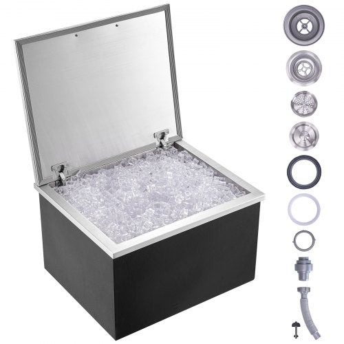 Drop in Ice Chest, 28"L x 16"W x 17"H Stainless Steel Ice Cooler, Commercial Ice Bin with Hinged Cover, 40 qt Outdoor Kitchen Ice Bar, Drain-pipe and Drain Plug Included, for Cold Wine Beer