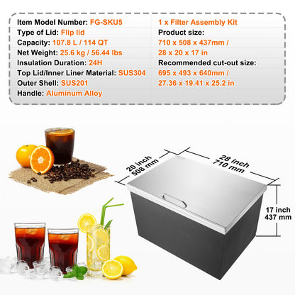28 "x 20" x 17 "Drop in Ice Chest Ice Cooler Ice Bin Edelstahl mit Deckel