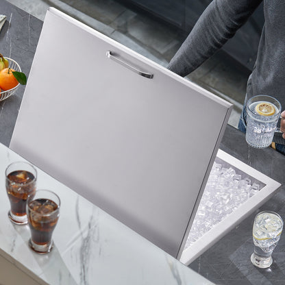 Drop in Ice Chest, 28"L x 20"W x 17"H Stainless Steel Ice Cooler, Commercial Ice Bin with Hinged Cover, 40 qt Outdoor Kitchen Ice Bar, Drain-pipe and Drain Plug Included, for Cold Wine Beer