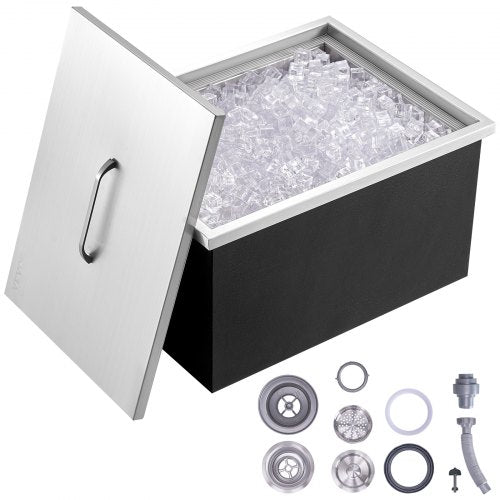 Drop in Ice Chest, 20"L x 14"W x 12"H Stainless Steel Ice Cooler, Commercial Ice Bin with Cover, 40 qt Outdoor Kitchen Ice Bar, Drain-pipe and Drain Plug Included, for Cold Wine Beer