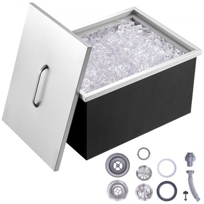 Drop in Ice Chest, 20"L x 14"W x 12"H Stainless Steel Ice Cooler, Commercial Ice Bin with Cover, 40 qt Outdoor Kitchen Ice Bar, Drain-pipe and Drain Plug Included, for Cold Wine Beer