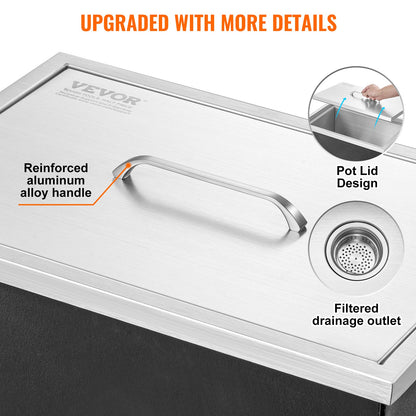 Drop in Ice Chest, 20"L x 14"W x 12"H Stainless Steel Ice Cooler, Commercial Ice Container with Lid, 40 qt Outdoor Kitchen Ice Bar, Drain Pipe and Drain Plug Included, for Cold Wine Beer