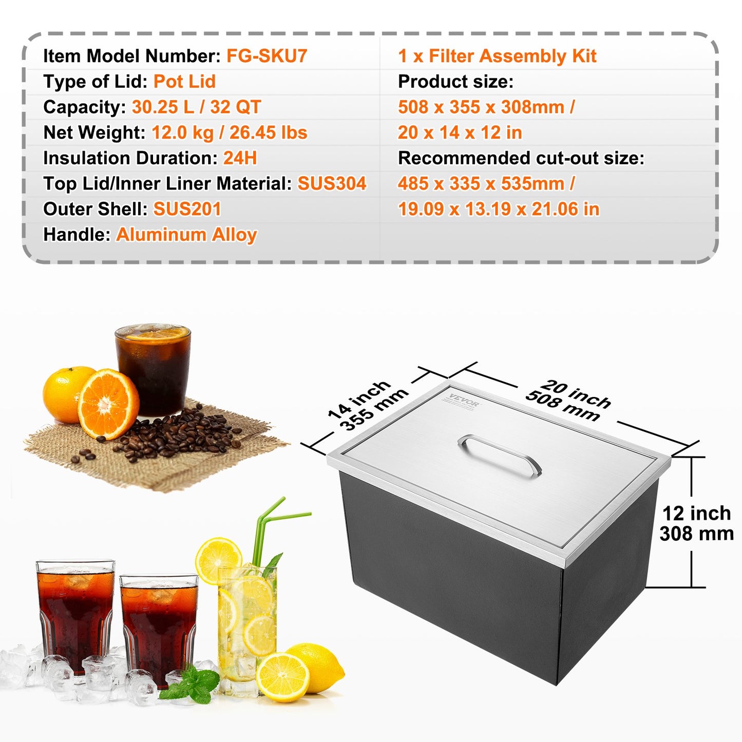 Drop in Ice Chest, 20"L x 14"W x 12"H Stainless Steel Ice Cooler, Commercial Ice Container with Lid, 40 qt Outdoor Kitchen Ice Bar, Drain Pipe and Drain Plug Included, for Cold Wine Beer