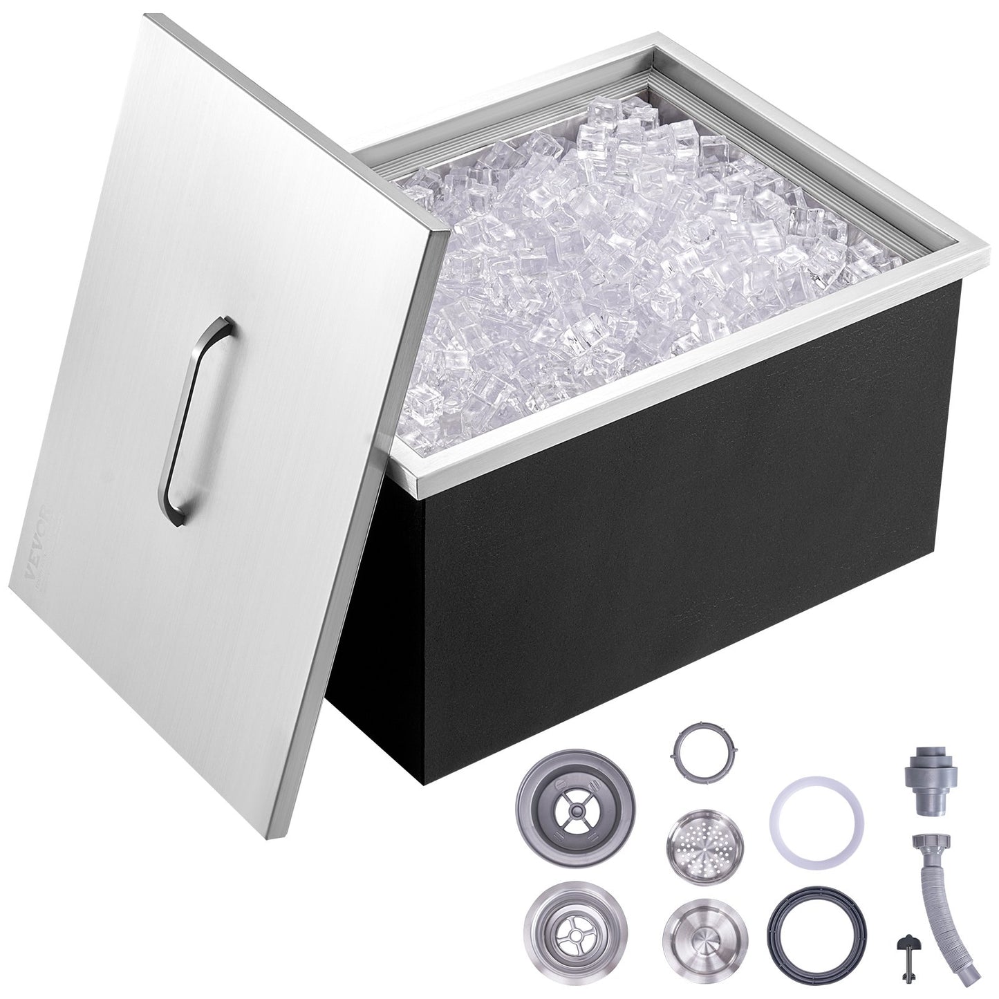 Drop in Ice Chest, 20"L x 14"W x 12"H Stainless Steel Ice Cooler, Commercial Ice Container with Lid, 40 qt Outdoor Kitchen Ice Bar, Drain Pipe and Drain Plug Included, for Cold Wine Beer