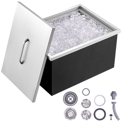 Drop in Ice Chest, 20"L x 14"W x 12"H Stainless Steel Ice Cooler, Commercial Ice Container with Lid, 40 qt Outdoor Kitchen Ice Bar, Drain Pipe and Drain Plug Included, for Cold Wine Beer