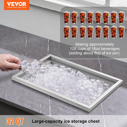 Drop in Ice Chest, 20"L x 14"W x 12"H Stainless Steel Ice Cooler, Commercial Ice Bin with Cover, 40 qt Outdoor Kitchen Ice Bar, Drain-pipe and Drain Plug Included, for Cold Wine Beer