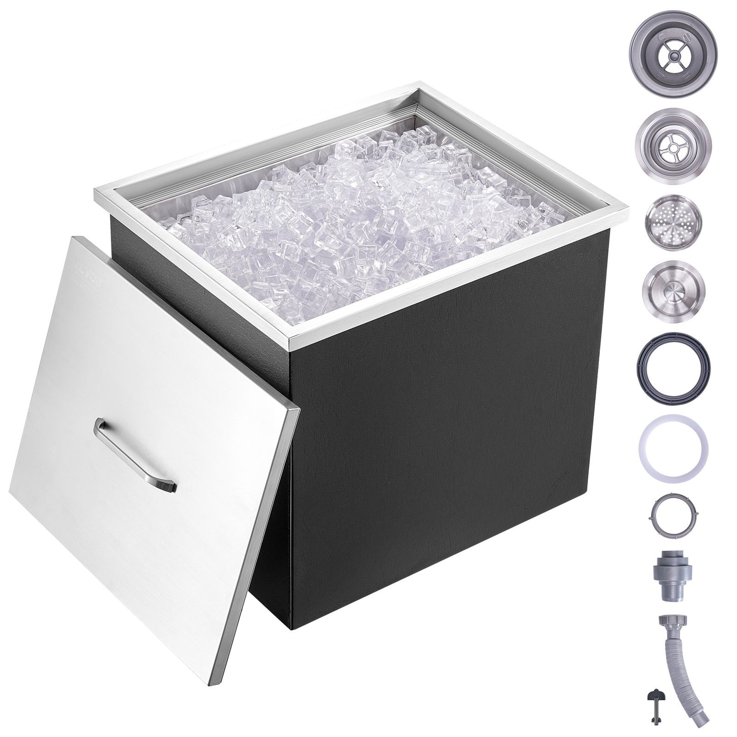 Drop in Ice Chest, 21"L x 17"B x 18"H iskylare i rostfritt stål, kommersiell isbehållare med lock, 40 qt utomhuskök isbar, avloppsrör och avloppsplugg ingår, för kall vinöl