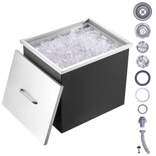 Drop in Ice Chest, 21"L x 17"W x 18"H Stainless Steel Ice Cooler, Commercial Ice Container with Lid, 40 qt Outdoor Kitchen Ice Bar, Drain Pipe and Drain Plug Included, for Cold Wine Beer