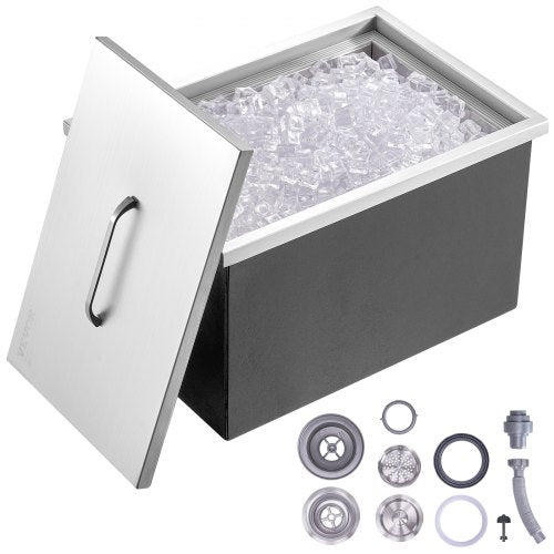 Drop in Ice Chest, 22"L x 17"W x 12"H Stainless Steel Ice Cooler, Commercial Ice Bin with Cover, 40 qt Outdoor Kitchen Ice Bar, Drain-pipe and Drain Plug Included, for Cold Wine Beer