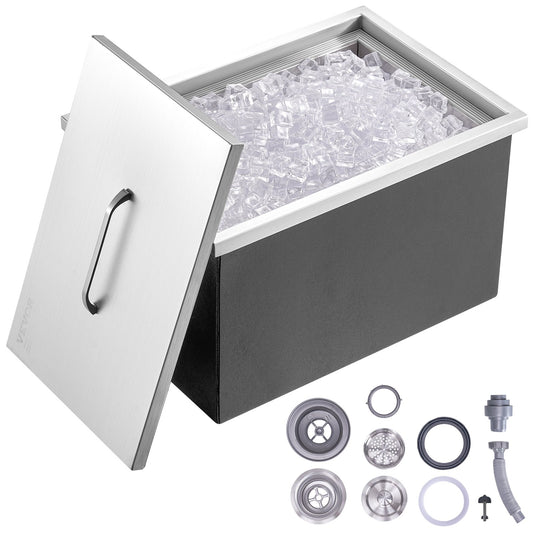 Drop in Ice Chest, 22"L x 17"W x 12"H Stainless Steel Ice Cooler, Commercial Ice Container with Lid, 40 qt Outdoor Kitchen Ice Bar, Drain Pipe and Drain Plug Included, for Cold Wine Beer