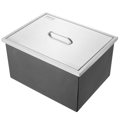 Einbau-Eisbox, 55,9 cm L x 43,2 cm B x 30,5 cm H, Edelstahl-Eiskühler, gewerblicher Eisbehälter mit Deckel, 40 qt Eisbar für die Outdoor-Küche, Abflussrohr und Ablassschraube im Lieferumfang enthalten, für kaltes Weinbier