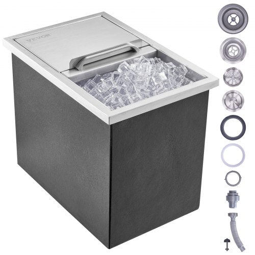 Drop in Ice Chest, 18"L x 12"W x 14.5"H Stainless Steel Ice Cooler, Commercial Ice Bin with Sliding Cover, 40.9 qt Outdoor Kitchen Ice Bar, Drain-pipe and Drain Plug Included, for Cold Wine Beer