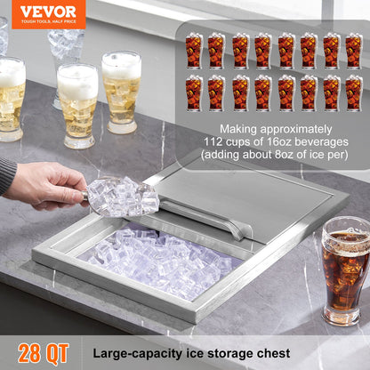 Drop in Ice Chest, 18"L x 12"W x 14.5"H Stainless Steel Ice Cooler, Commercial Ice Container with Sliding Lid, 40.9 qt Outdoor Kitchen Ice Bar, Drain Pipe and Drain Plug Included, for Cold Wine Beer
