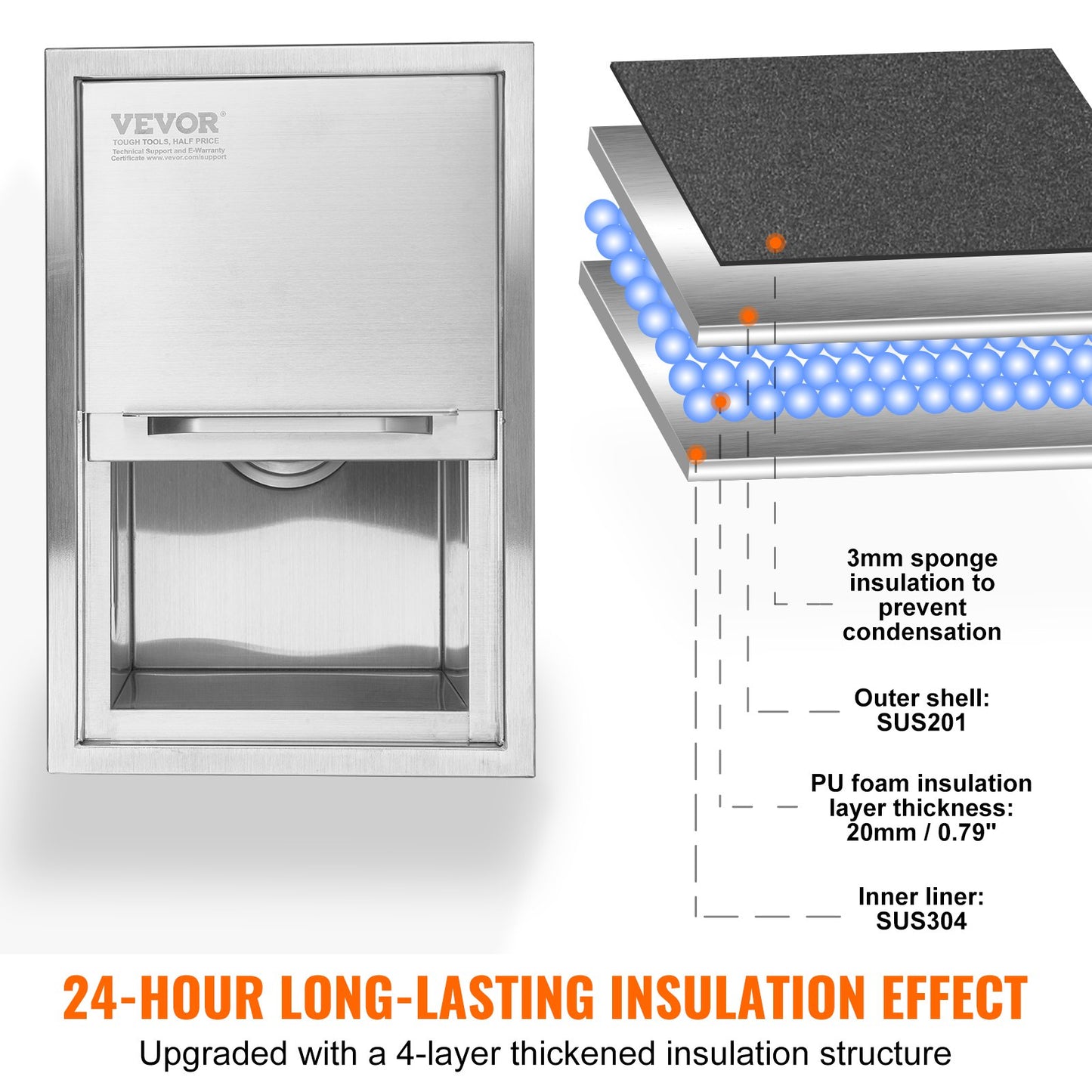 Drop in Ice Chest, 18"L x 12"W x 14.5"H Stainless Steel Ice Cooler, Commercial Ice Container with Sliding Lid, 40.9 qt Outdoor Kitchen Ice Bar, Drain Pipe and Drain Plug Included, for Cold Wine Beer