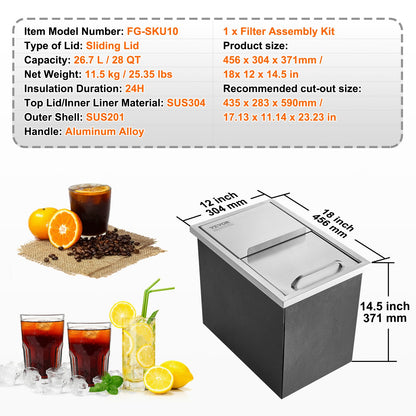 Drop in Ice Chest, 18"L x 12"W x 14.5"H Stainless Steel Ice Cooler, Commercial Ice Container with Sliding Lid, 40.9 qt Outdoor Kitchen Ice Bar, Drain Pipe and Drain Plug Included, for Cold Wine Beer