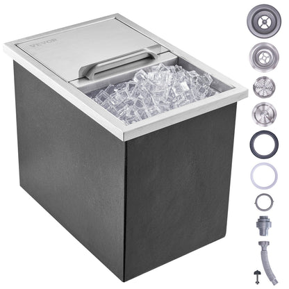Drop in Ice Chest, 18"L x 12"W x 14.5"H Stainless Steel Ice Cooler, Commercial Ice Container with Sliding Lid, 40.9 qt Outdoor Kitchen Ice Bar, Drain Pipe and Drain Plug Included, for Cold Wine Beer
