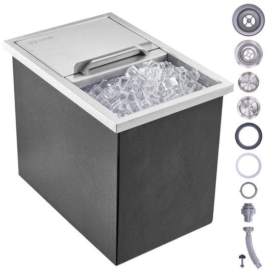 Drop in Ice Chest, 18"L x 12"W x 14.5"H Stainless Steel Ice Cooler, Commercial Ice Container with Sliding Lid, 40.9 qt Outdoor Kitchen Ice Bar, Drain Pipe and Drain Plug Included, for Cold Wine Beer