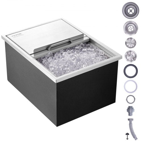 Drop in Ice Chest, 24"L x 18"W x 13"H Stainless Steel Ice Cooler, Commercial Ice Bin with Sliding Cover, 40.9 qt Outdoor Kitchen Ice Bar, Drain-pipe and Drain Plug Included, for Cold Wine Beer