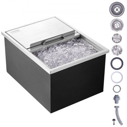 Drop in Ice Chest, 24"L x 18"W x 13"H Stainless Steel Ice Cooler, Commercial Ice Bin with Sliding Cover, 40.9 qt Outdoor Kitchen Ice Bar, Drain-pipe and Drain Plug Included, for Cold Wine Beer