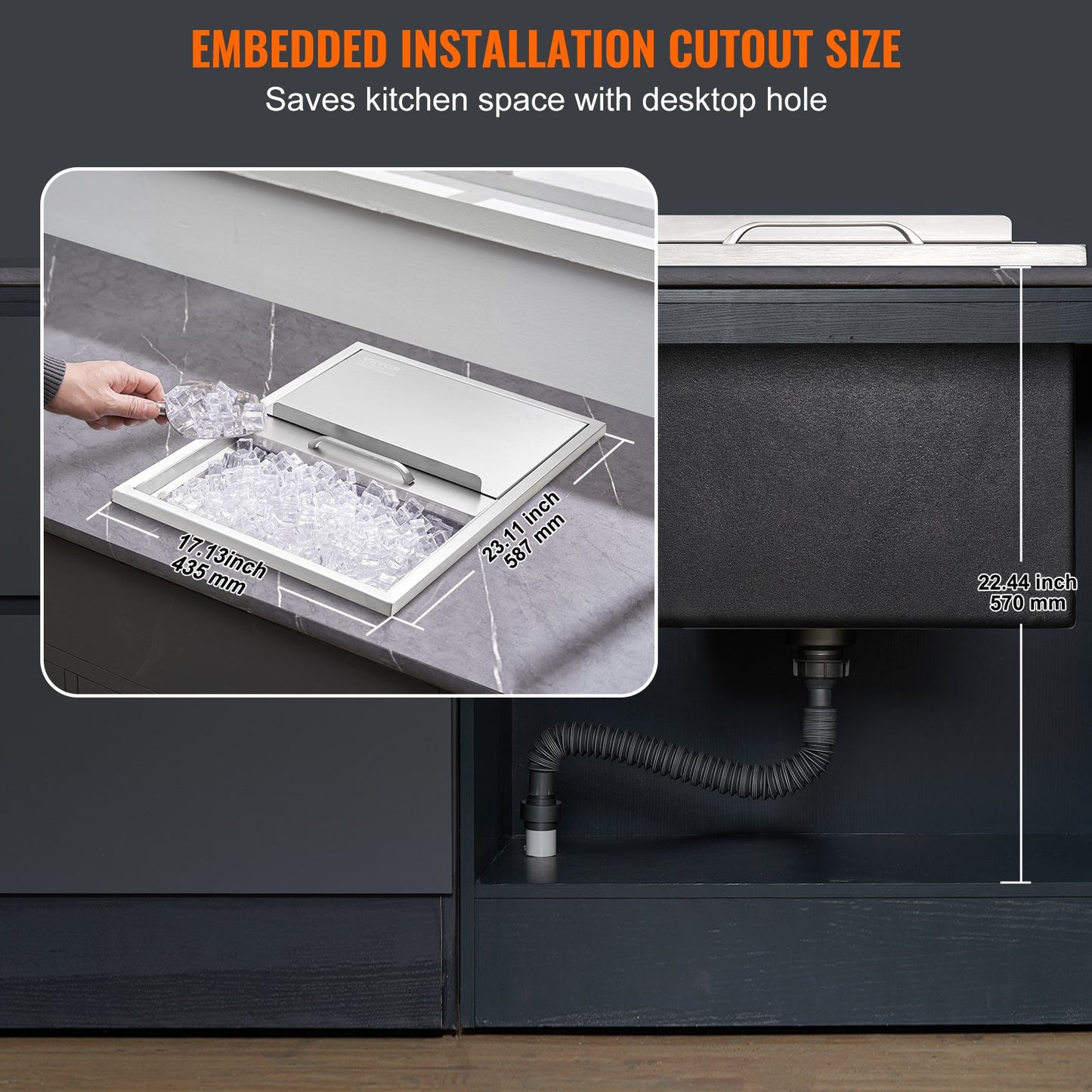 Drop in Ice Chest, 24"L x 18"B x 13"H iskylare i rostfritt stål, kommersiell isbehållare med skjutlock, 40,9 qt utomhuskök Ice Bar, avloppsrör och avloppsplugg ingår, för kall vinöl