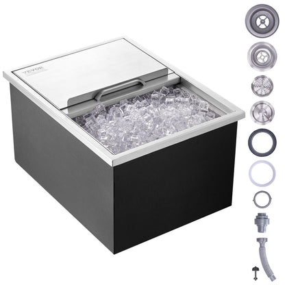 Drop in Ice Chest, 24"L x 18"B x 13"H iskylare i rostfritt stål, kommersiell isbehållare med skjutlock, 40,9 qt utomhuskök Ice Bar, avloppsrör och avloppsplugg ingår, för kall vinöl