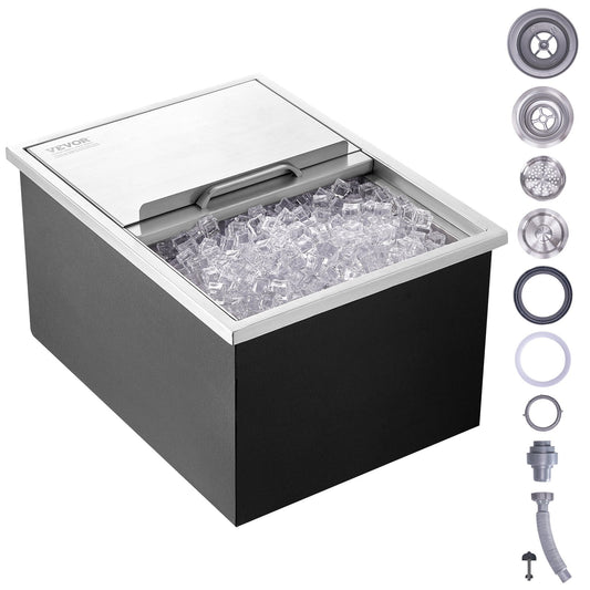 Drop in Ice Chest, 24"L x 18"W x 13"H Stainless Steel Ice Cooler, Commercial Ice Container with Sliding Lid, 40.9 qt Outdoor Kitchen Ice Bar, Drain Pipe and Drain Plug Included, for Cold Wine Beer