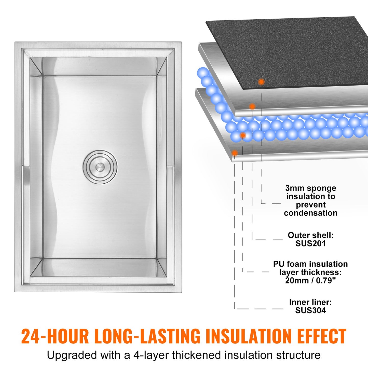 27 "x 18" x 21 "Drop in Ice Chest Ice Cooler Ice Bin Edelstahl mit Deckel