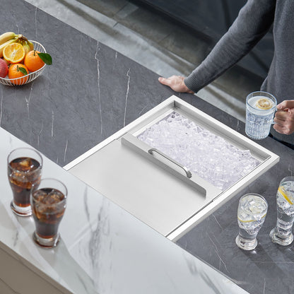 Drop in Ice Chest, 27"L x 18"W x 21"H Stainless Steel Ice Cooler, Commercial Ice Bin with Sliding Cover, 40.9 qt Outdoor Kitchen Ice Bar, Drain-pipe and Drain Plug Included, for Cold Wine Beer
