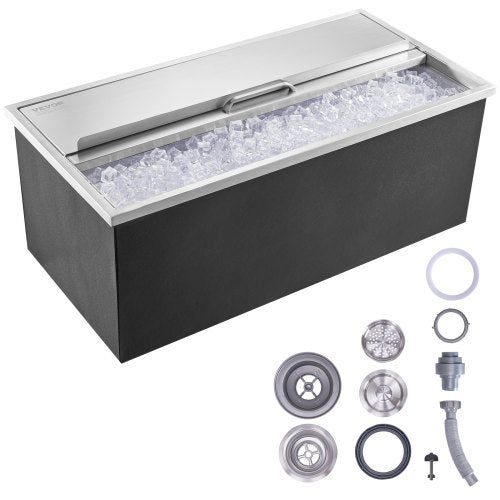 Drop in Ice Chest, 36"L x 18"W x 14"H Stainless Steel Ice Cooler, Commercial Ice Bin with Sliding Cover, 40.9 qt Outdoor Kitchen Ice Bar, Drain-pipe and Drain Plug Included, for Cold Wine Beer
