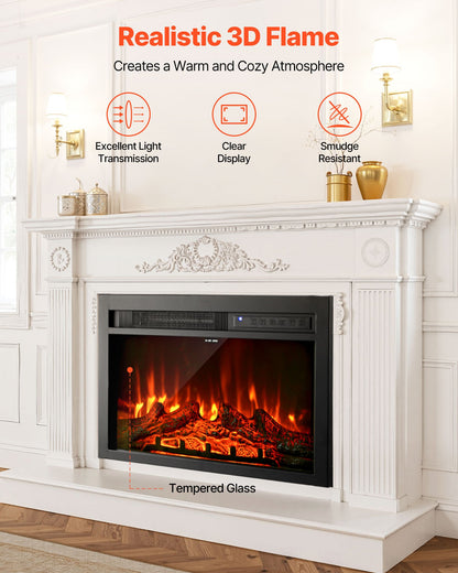 Electric Fireplace Insert, 26 inch Recessed and Wall Mounted with Adjustable Flame Color Brightness & 8h Timer & Remote Control, Indoor Heater w/ 750W/1500W Dual Heating Modes, 5000BTU Black