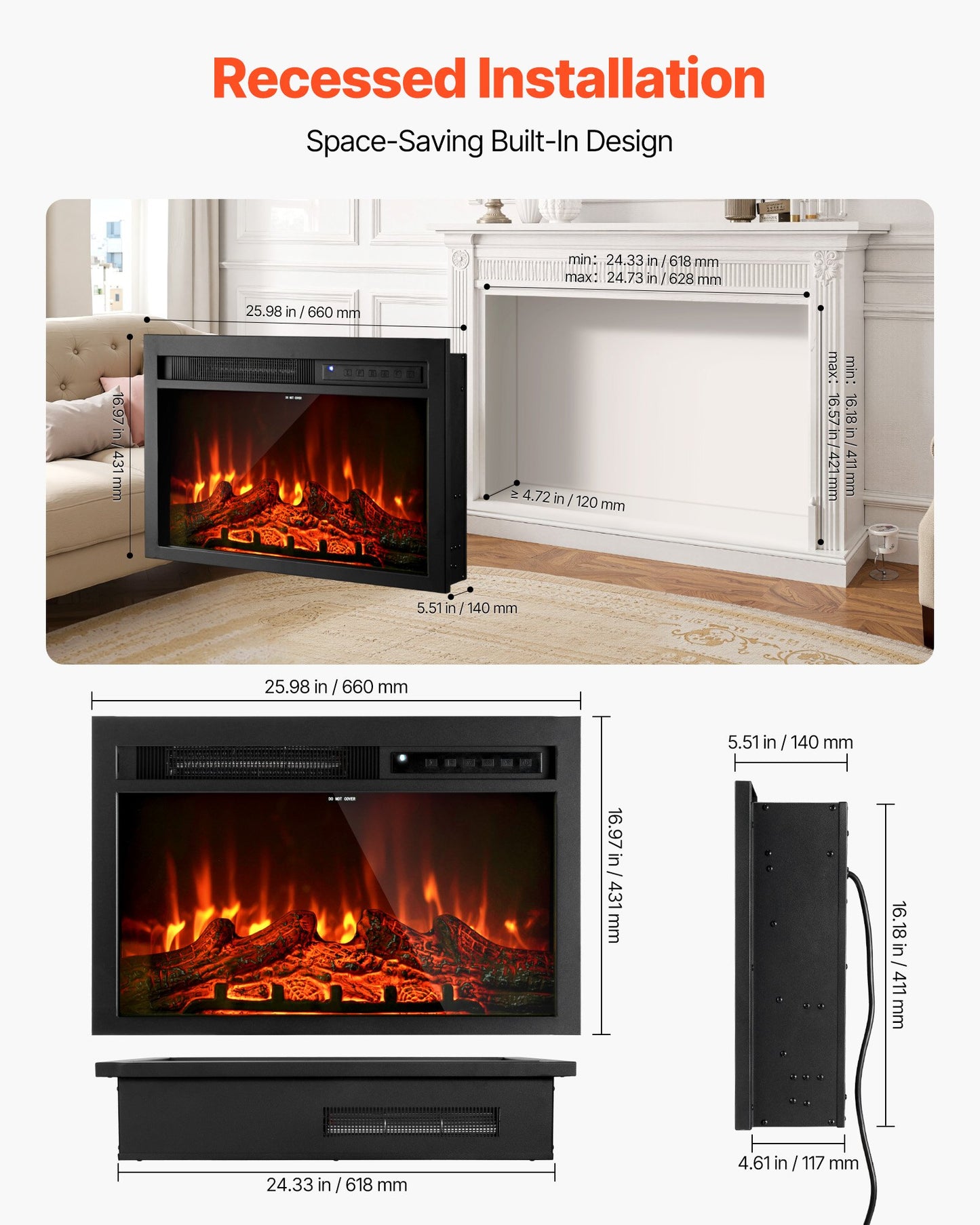 Electric Fireplace Insert, 26 inch Recessed and Wall Mounted with Adjustable Flame Color Brightness & 8h Timer & Remote Control, Indoor Heater w/ 750W/1500W Dual Heating Modes, 5000BTU Black