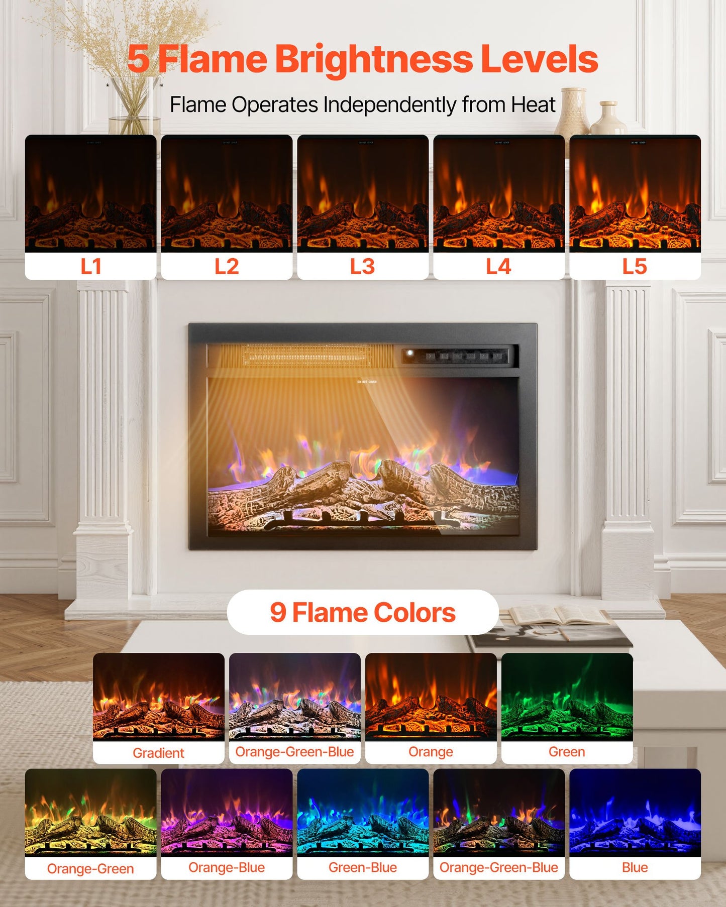 Electric Fireplace Insert, 26 inch Recessed and Wall Mounted with Adjustable Flame Color Brightness & 8h Timer & Remote Control, Indoor Heater w/ 750W/1500W Dual Heating Modes, 5000BTU Black