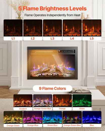 Electric Fireplace Insert, 26 inch Recessed and Wall Mounted with Adjustable Flame Color Brightness & 8h Timer & Remote Control, Indoor Heater w/ 750W/1500W Dual Heating Modes, 5000BTU Black