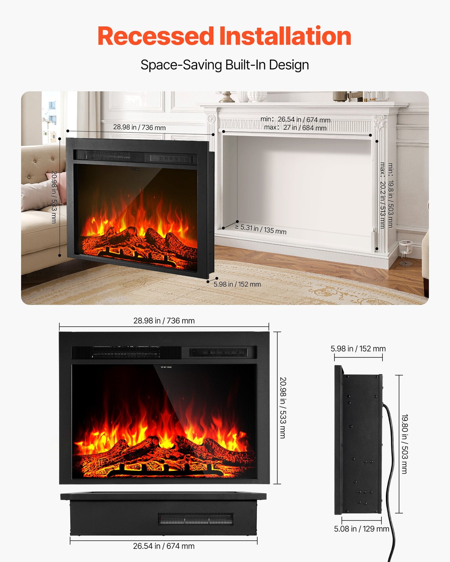 Electric Fireplace Insert, 28.5 inch Recessed and Wall Mounted with Adjustable Flame Color Brightness & 8h Timer & Remote Control, Indoor Heater w/ 750W/1500W Dual Heating Modes, 5000BTU Black