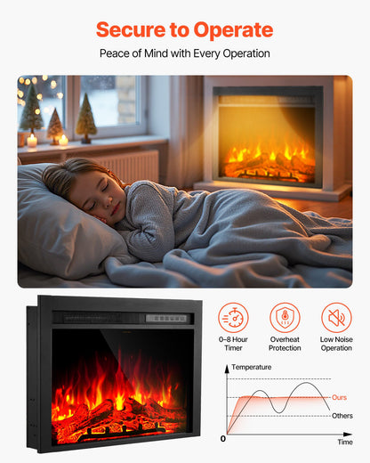 Electric Fireplace Insert, 28.5 inch Recessed and Wall Mounted with Adjustable Flame Color Brightness & 8h Timer & Remote Control, Indoor Heater w/ 750W/1500W Dual Heating Modes, 5000BTU Black