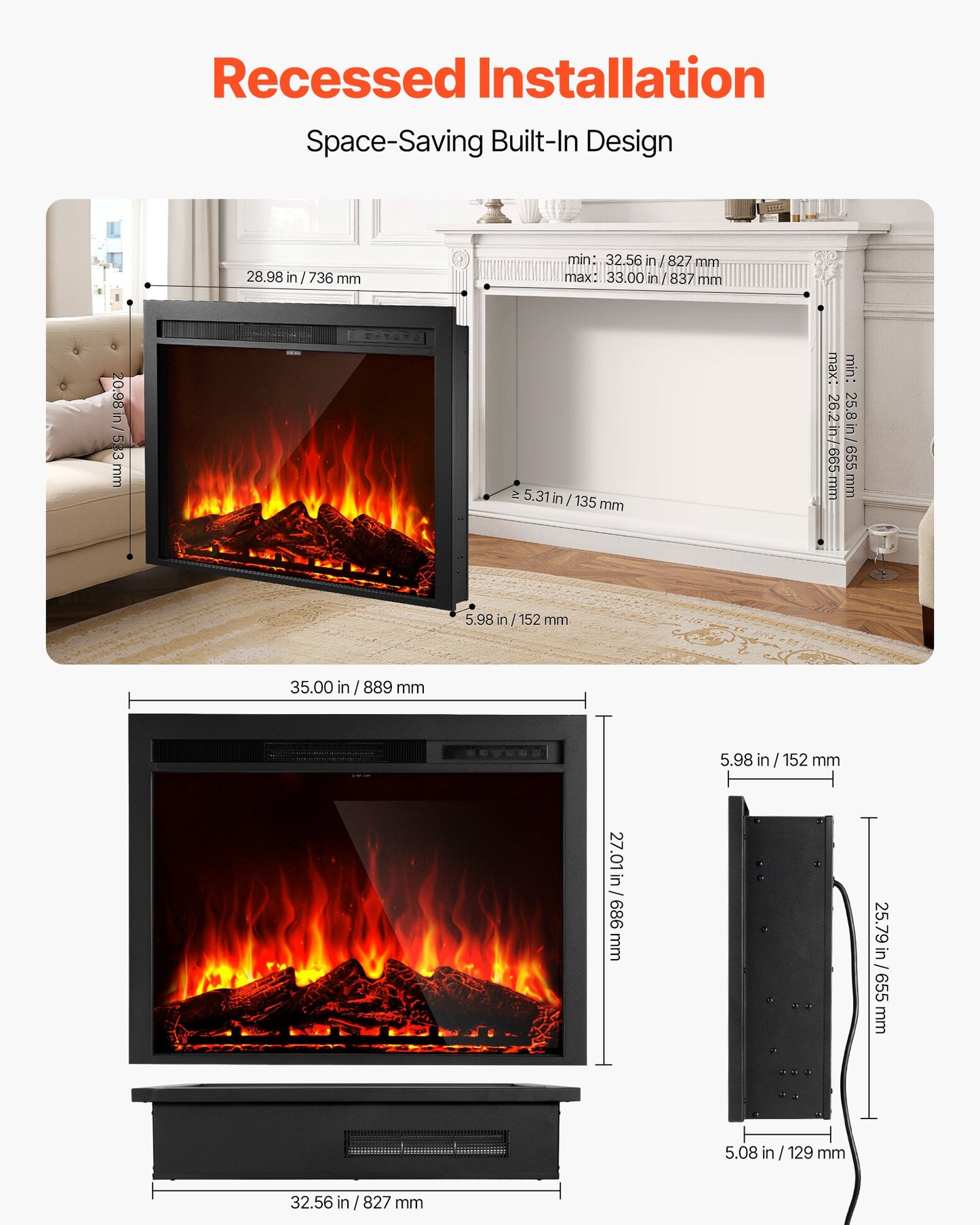 Electric Fireplace Insert, 35 inch Recessed and Wall Mounted with Adjustable Flame Color Brightness & 8h Timer & Remote Control, Indoor Heater w/ 750W/1500W Dual Heating Modes, 5000BTU Black