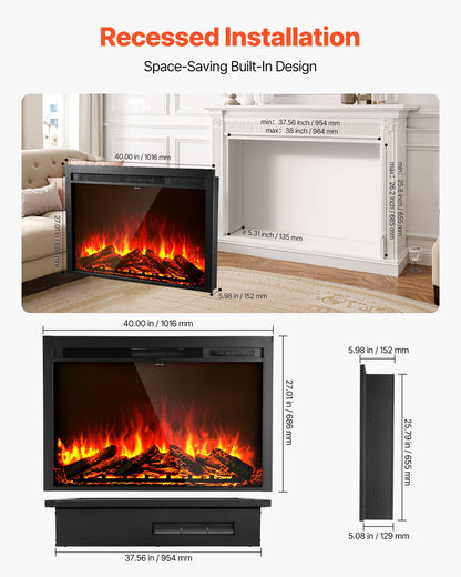Electric Fireplace Insert, 40 inch Recessed and Wall Mounted with Adjustable Flame Color Brightness & 8h Timer & Remote Control, Indoor Heater w/ 750W/1500W Dual Heating Modes, 5000BTU Black