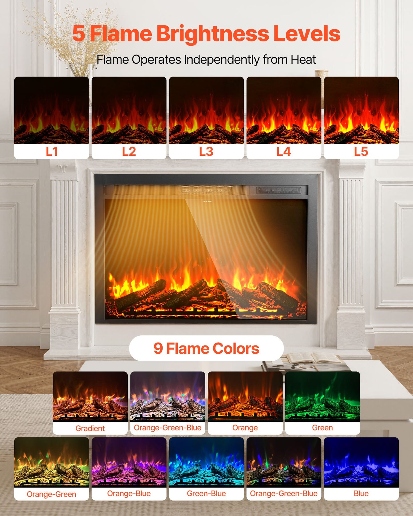 Electric Fireplace Insert, 40 inch Recessed and Wall Mounted with Adjustable Flame Color Brightness & 8h Timer & Remote Control, Indoor Heater w/ 750W/1500W Dual Heating Modes, 5000BTU Black