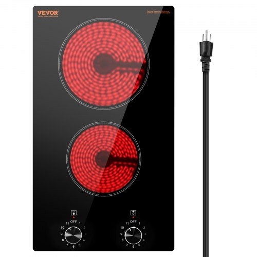 Electric Cooktop, 12 inch 2 Burners Built-in Electric Stove Top, 1800W Ceramic Top Radiant Cooktop, with Glass Panel, Knob Control, 11 Heat Levels, 120V, for Diverse Cooking Requirements